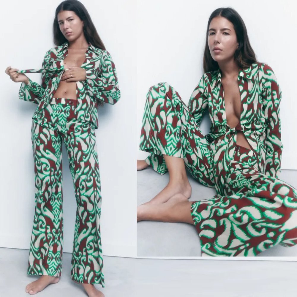 Zara Green & Brown Patterned Straight-Leg Pants